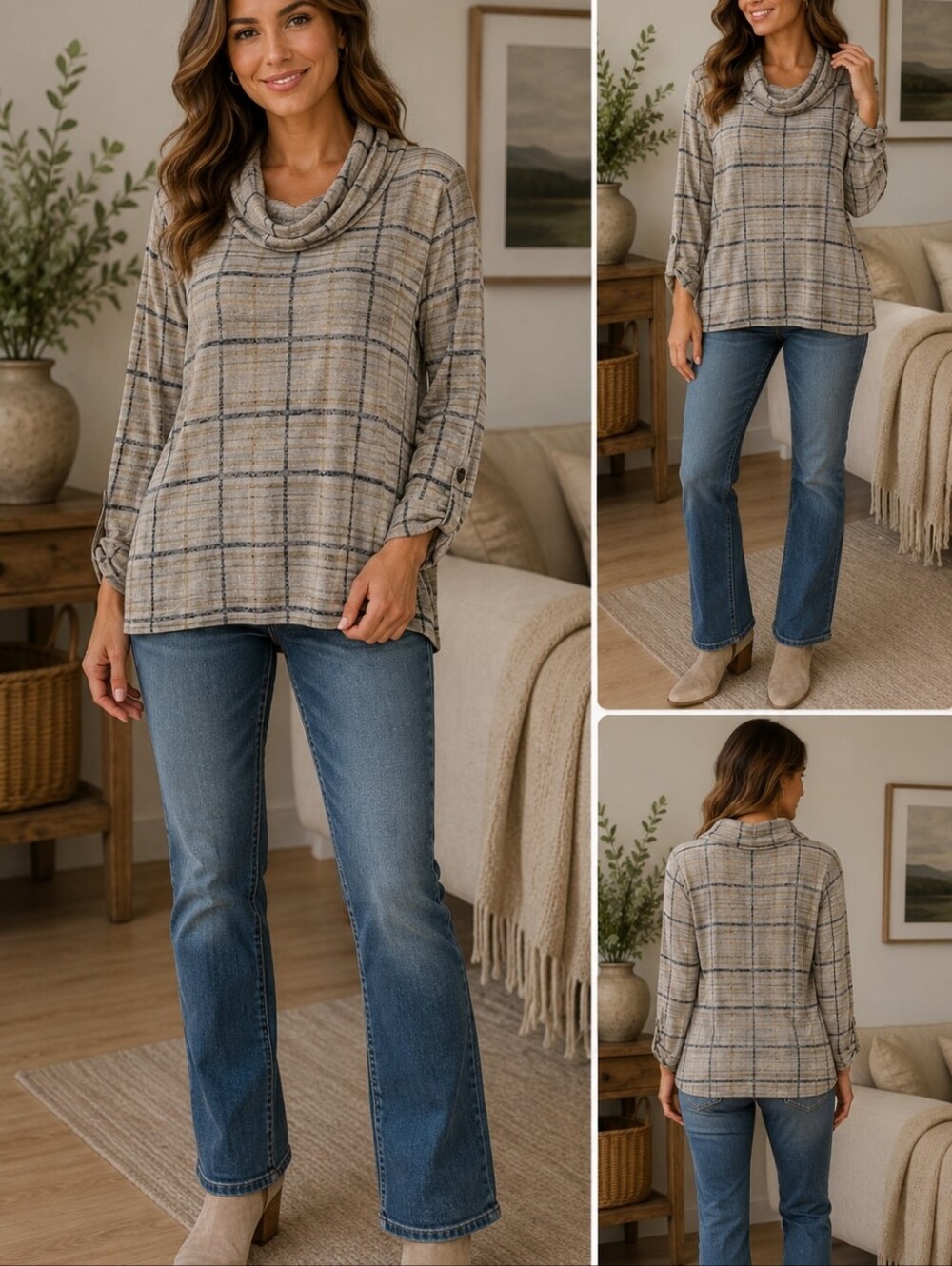 2/$15. Cream Plaid Cowl Neck Sweater